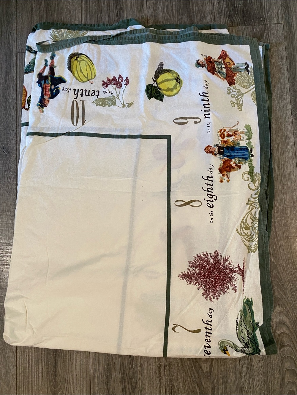 Vintage Williams Sonoma 12 Days of Christmas Green Border Tablecloth 72x100